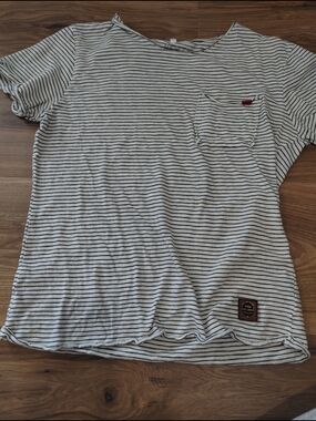 Womens Striped Crew Neck Pocket Tee - White with Black